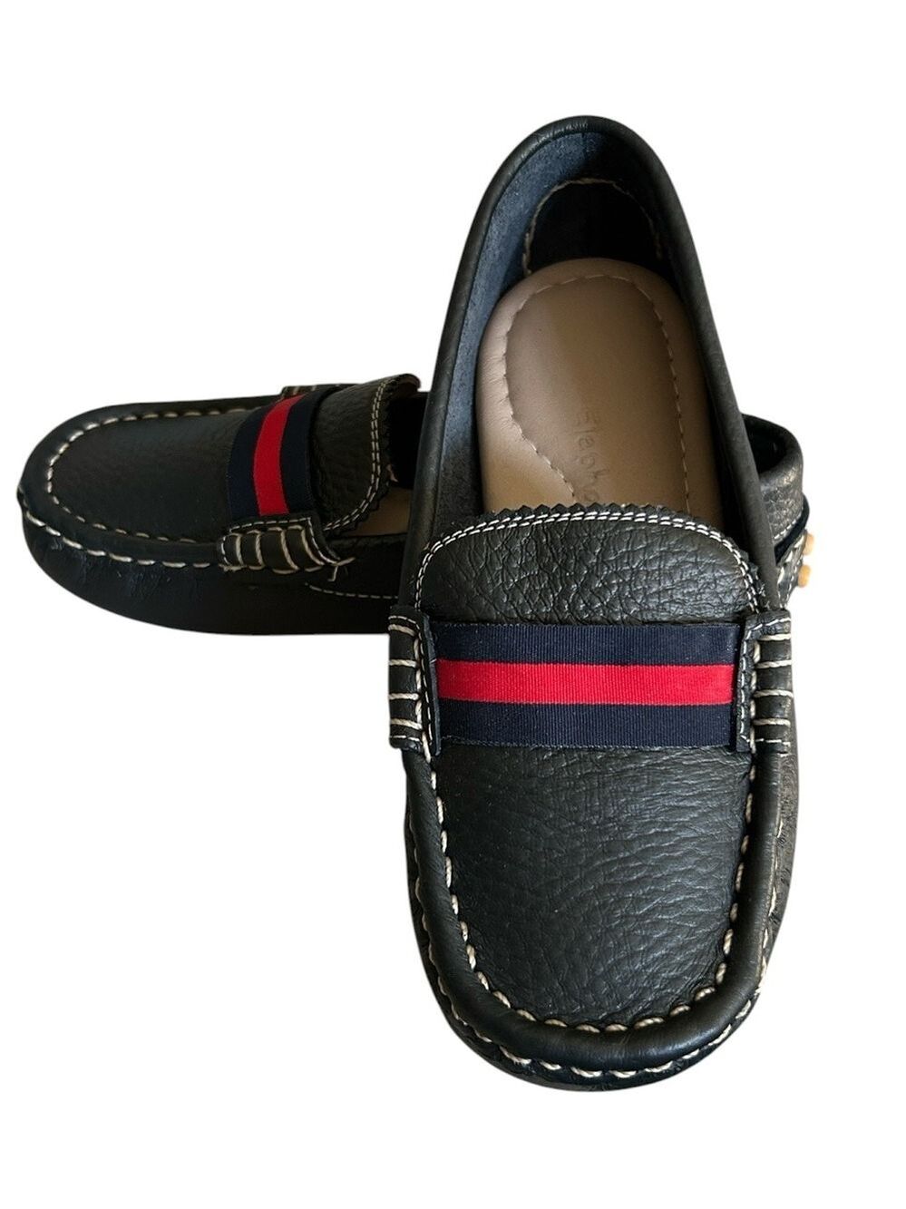 Elephantito Little Boys Navy Leather and Red Striped Club Loafer Size 11.5